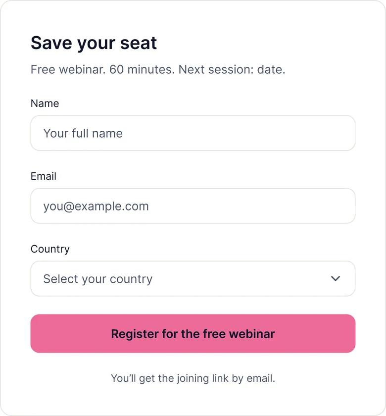 Save your seat form with name, email and country