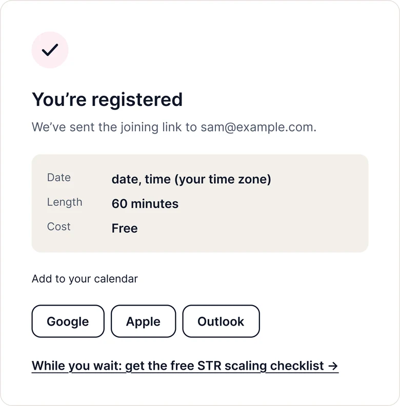 You are registered confirmation with date, length, cost and calendar buttons