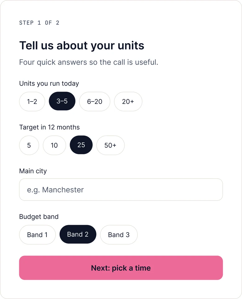Tell us about your units: tap-to-choose questions about units, target, city and budget