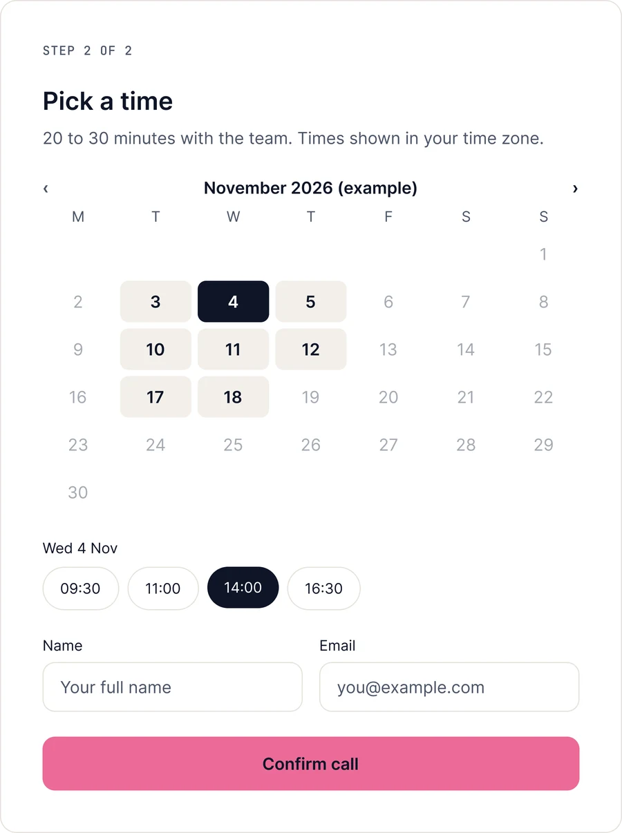 Pick a time: calendar, time slots, name and email
