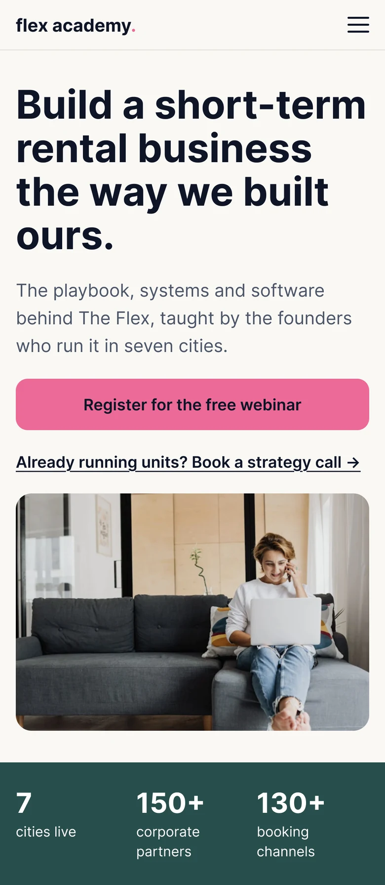 Mobile hero in full colour with the pink webinar button above the photo