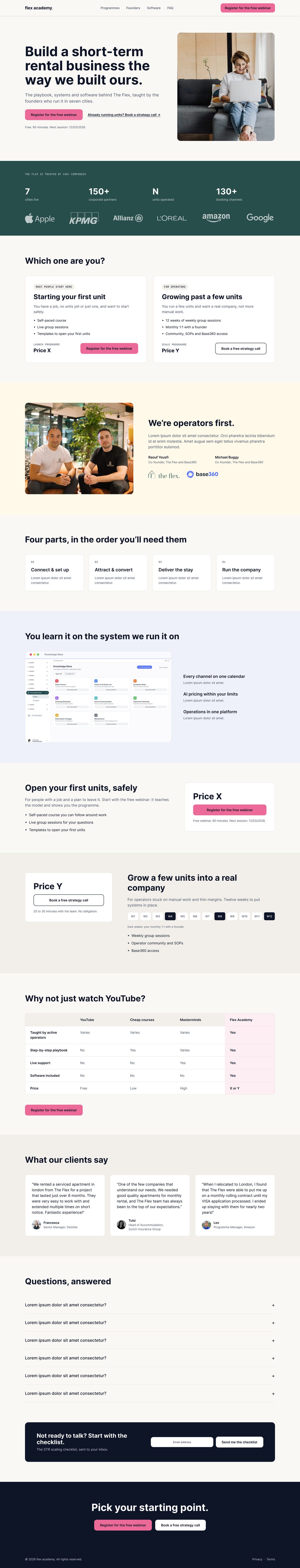 The full Flex Academy landing page scrolling inside a laptop, from the hero to the footer