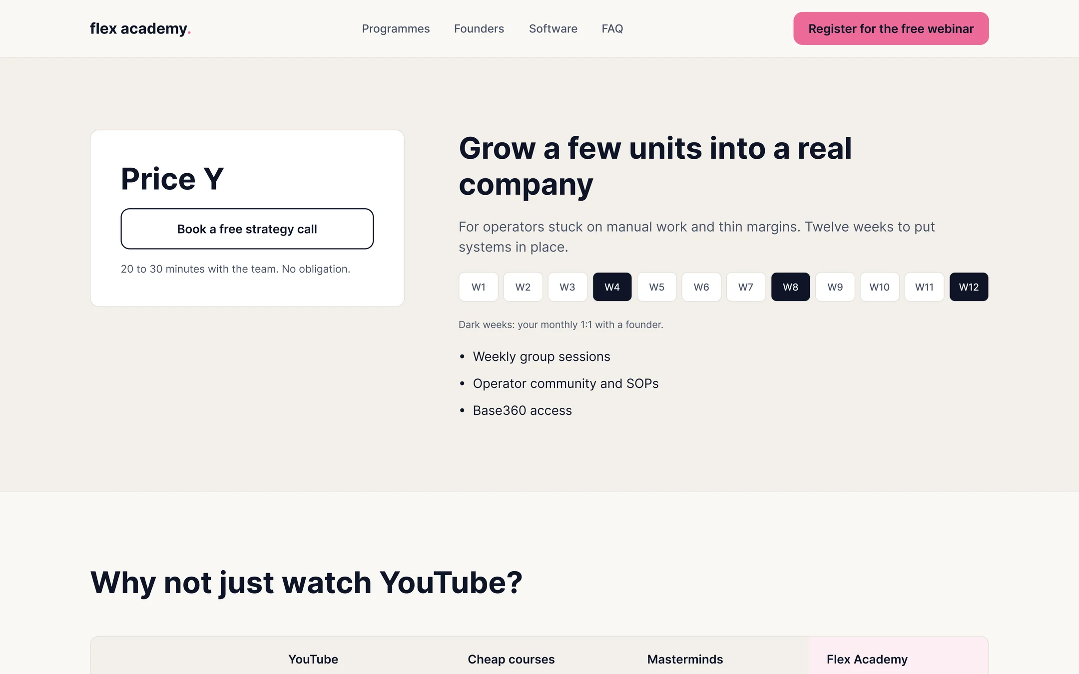 Scale offer with Price Y, a strategy call button and a 12-week timeline with founder one-to-ones marked