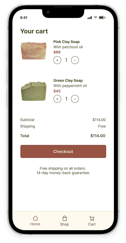Cart with two soaps, free shipping and Checkout button