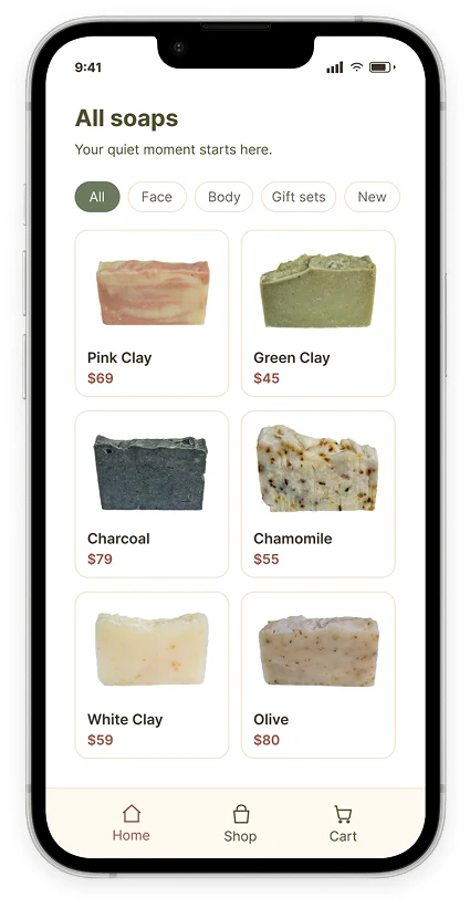 Minze catalog of all soaps with category filters