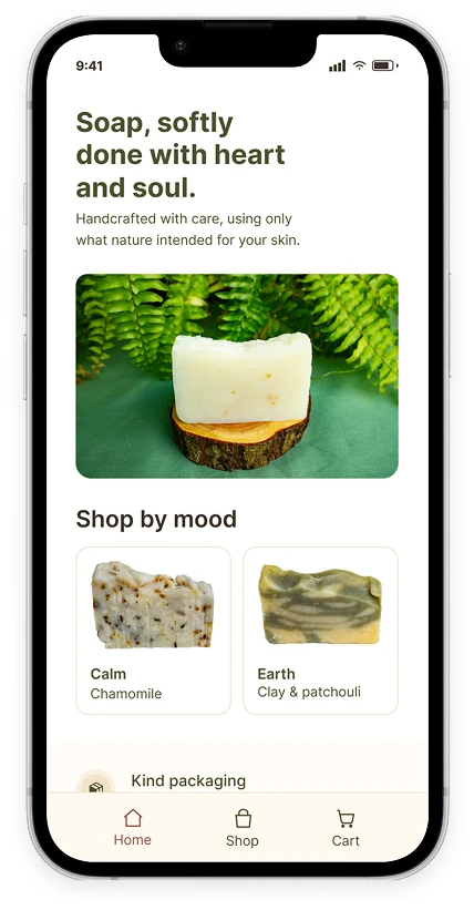 Minze landing screen: Soap, softly done with heart and soul, with Shop by mood