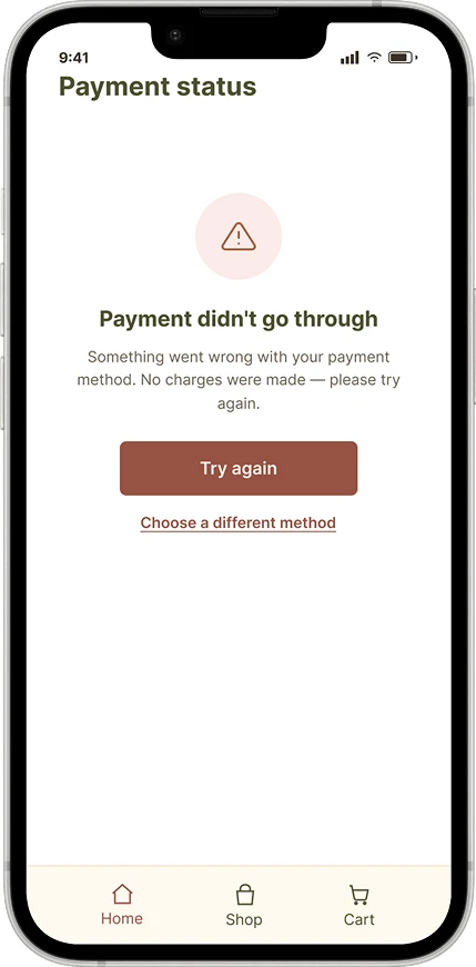 Payment didn't go through screen with Try again and Choose a different method