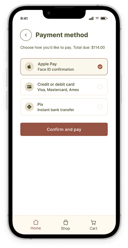 Payment method screen with Apple Pay, card and Pix