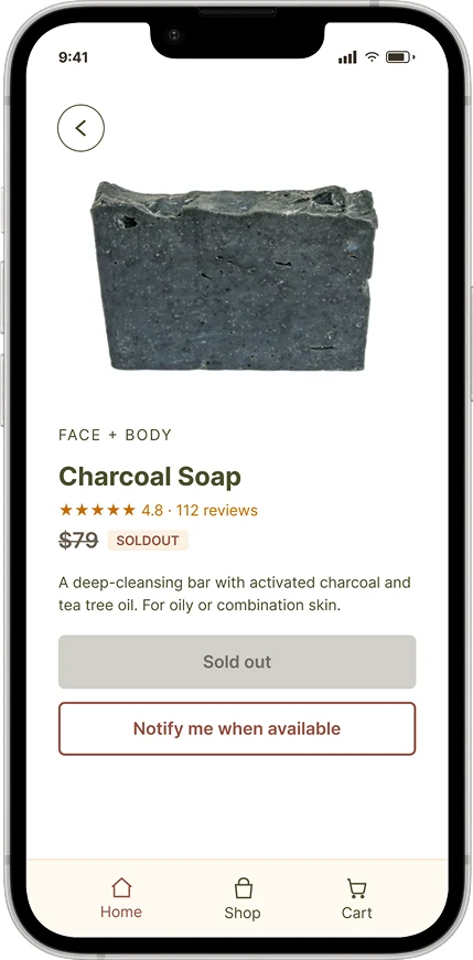 Charcoal Soap marked sold out, with a Notify me when available button